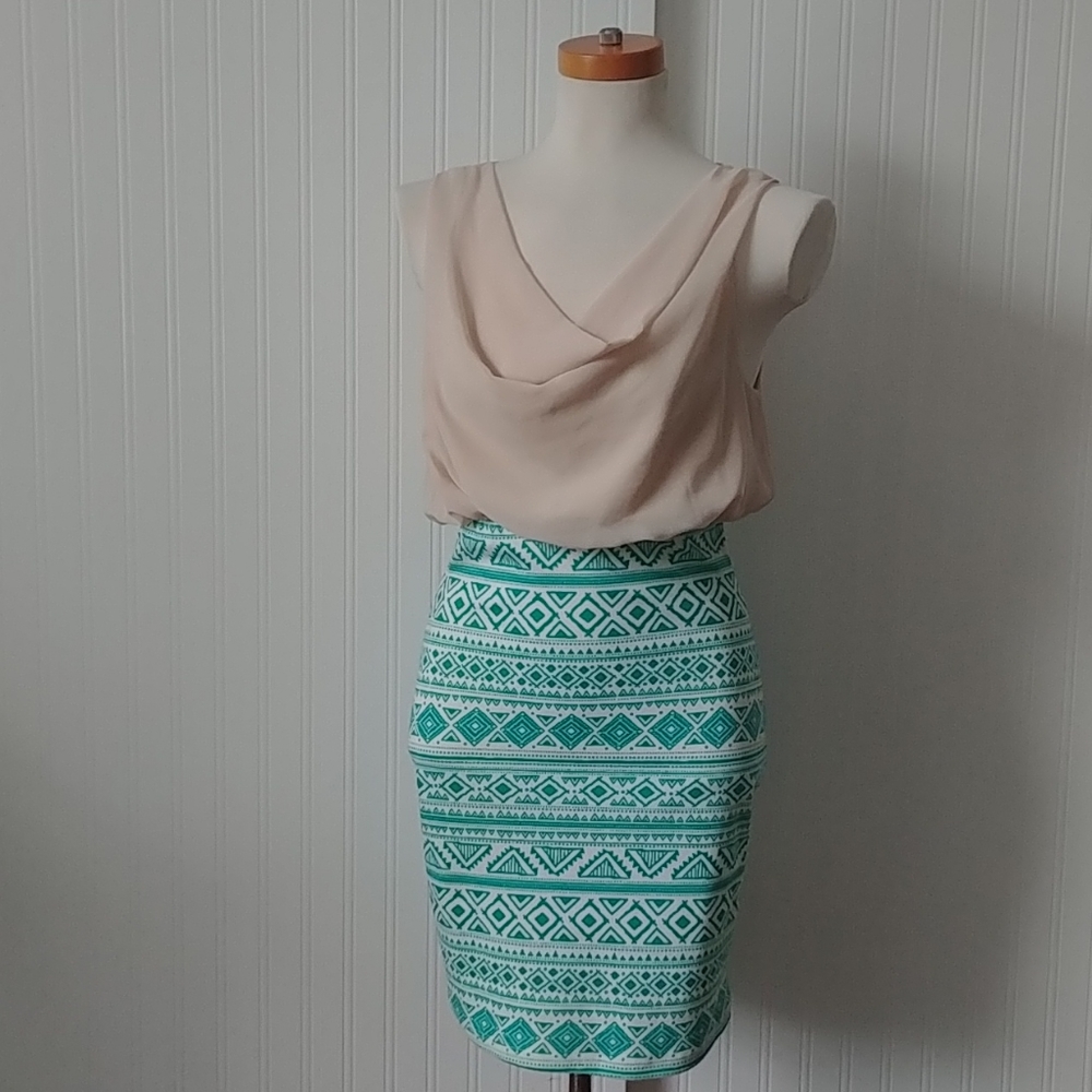 NWT teal/cream form-fitting dress
